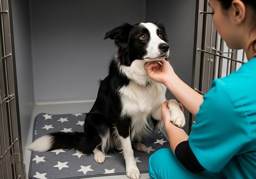 A veterinarian examines a black and white dog in an animal shelter, ensuring its well-being - Powered by Adobe