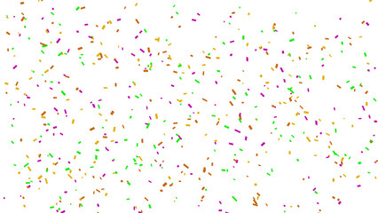 Festive confetti explosion with purple, green, and gold pieces on white.