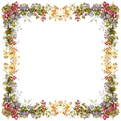 Floral frame isolated on white background, decorative border with colorful flowers and leaves for design