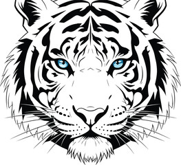 Tiger face illustration, black and white art, blue eyes, wildlife portrait, fierce gaze, animal symmetry, bold artistic design