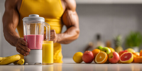 Muscular man prepares healthy smoothie with fresh fruits in kitchen, showcasing vibrant lifestyle