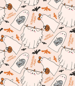 Funny trendy hand drawn doole halloween pattern background.