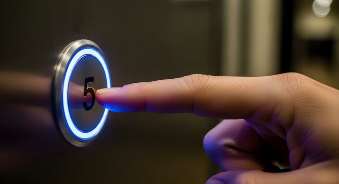 Close up of a finger pressing an illuminated elevator button for the fifth floor.