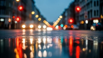 City street at night, with blurred lights and reflections on wet pavement - Powered by Adobe