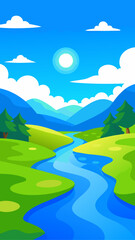 Obraz premium Landscape with river mountains and trees illustration