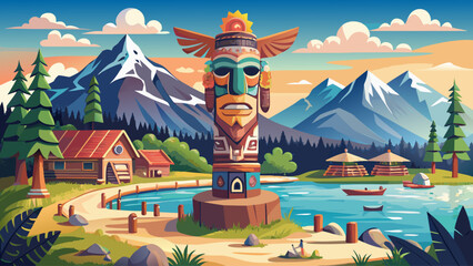 Fototapeta premium Very beautiful Totem Guard at Saxman Village near Ketchikan, Alaska, USA, showcasing a tall, intricately carved wooden totem pole, rich in cultural symbolism, set against lush green forest and mountai