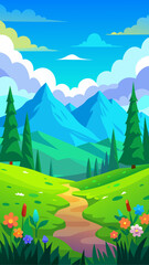 Obraz premium Landscape with mountains trees and flowers cartoonish