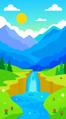 Obraz premium Illustration of waterfall and mountain landscape view