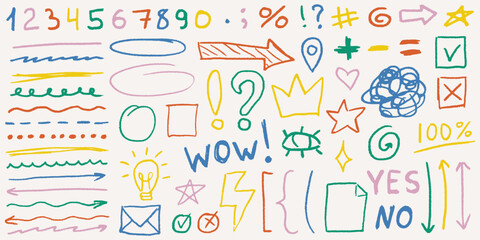 Funky multi colored crayon drawn lines and messy scribbles with playful scrawls, grainy texture, doodled stars and crowns, chaotic strokes and quirky shapes.