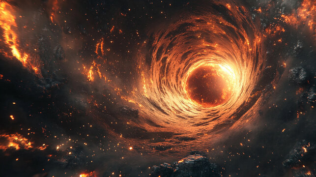 black hole glowing with swirling particle streams representing gravitational energy, cosmic forces, space phenomena, and futuristic astronomy