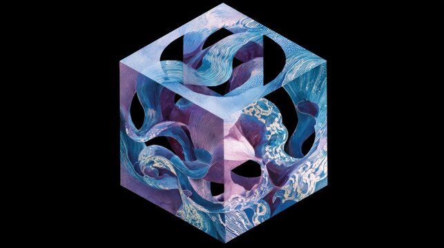 Abstract cube with swirling blue and purple patterns
