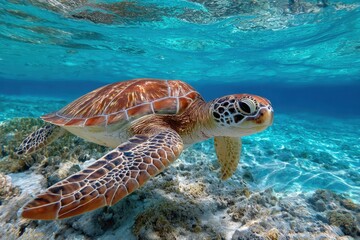 Obraz premium Sea Turtle Gliding Through Crystal Clear Waters