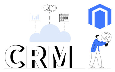CRM letters with cloud, analytics, calendar, puzzle icons above and logo on side. Businessperson holding lightbulb, symbolizing innovation. Ideal for CRM tools, data management, teamwork marketing