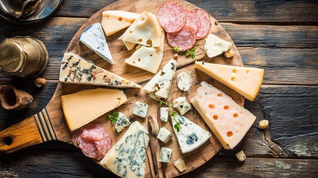 gorgonzola. Artfully arranged selection of fine cheeses and cured meats on a rustic wooden board, top-down view. menu design.