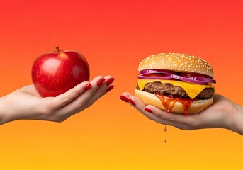 Choice between healthy apple and unhealthy burger held in hands
