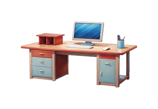 Illustration of a complete wooden desk setup with a computer and accessories