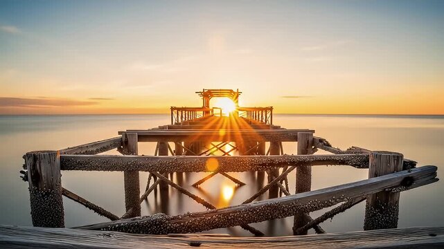 Sunset view from a decaying wooden pier over serene ocean with warm, golden light