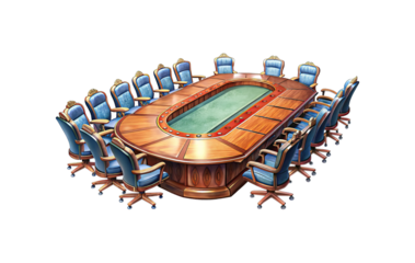 Illustration of a large oval wooden conference table with blue executive chairs