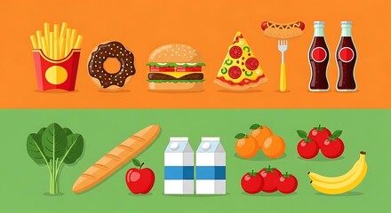 Collection of fast food and fresh produce
