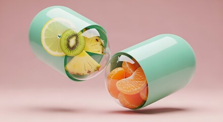 Open capsule filled with fresh tropical fruit slices