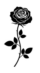 Elegant black silhouette of a blooming rose with stem and leaves