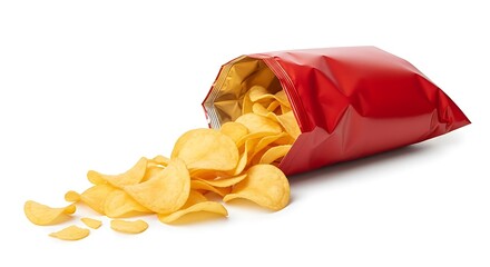 Red bag of potato chips spilling onto a white background