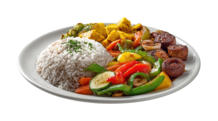 A plate of food with rice and vegetables it isolated on a white background