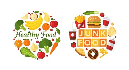 Healthy food versus junk food comparison illustration