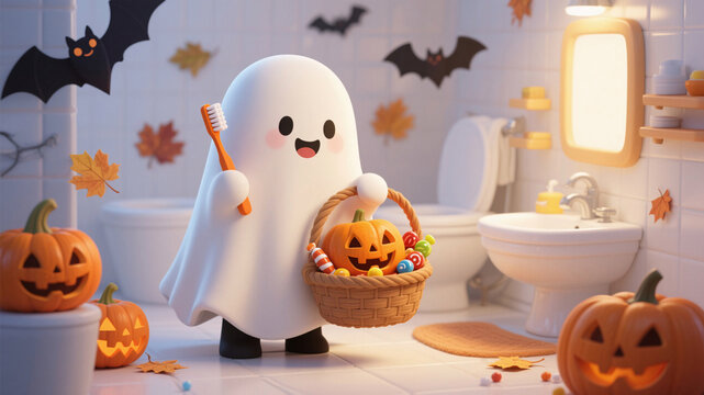 Cute cartoon ghost brushing teeth surrounded by tiny pumpkins and autumn leaves, cheerful Halloween illustration for children’s hygiene education