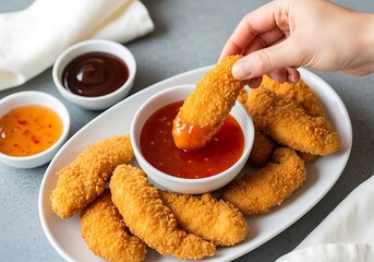 Crispy chicken strips dipped in sweet chili sauce with sauces