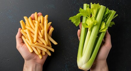 Hands holding french fries and fresh celery stalks