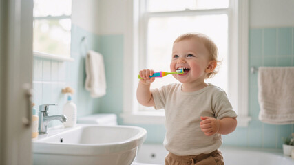 Adorable young child brushing teeth , bright and realistic bathroom scene symbolizing early dental hygiene and learning habits