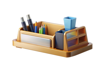 A charming and colorful desktop organizer with pens, pencils, and storage cubbies