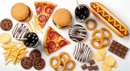 A delicious assortment of unhealthy fast food and snacks