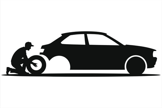 Car Tire Change Silhouette Icon with Mechanic and Missing Wheel, Vector Illustration for Auto Repair Service, Vehicle Maintenance Concept on White Background