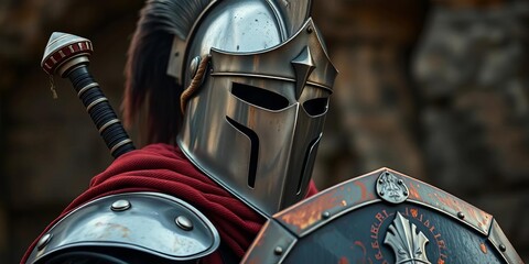 Steel helmet, sword, shield, ready for combat,   ancient,  war