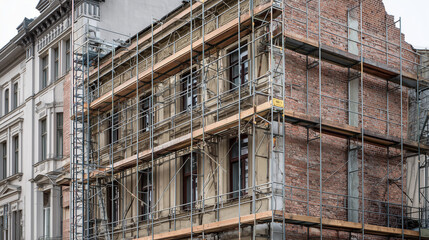 Historic building facade undergoing restoration with scaffolding and exposed brickwork, architectural details revealed during renovation process on an urban streetscape in progress.