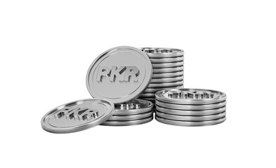 Silver Pakistani Rupee PKR coins stacked on a black background, representing