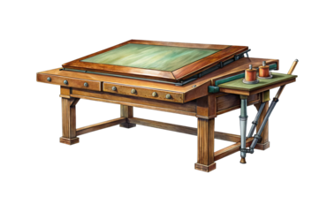 An antique drafting table with wooden frame, glass top, and vintage accessories