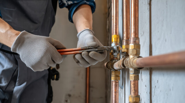 Close-up of a professional plumber repairing copper pipes inside a building, wearing protective gloves and using a pipe wrench to tighten fittings during routine residential plumbing maintenance.