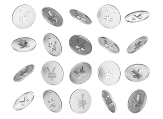 Multiple shiny silver Yen coins falling on black background. Financial concept.