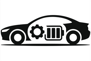 Electric Vehicle Battery Repair Silhouette Icon – Black EV Car with Battery and Gear Symbol, Renewable Energy Service Concept, Automotive Technology Maintenance Illustration, Sustainable Transport