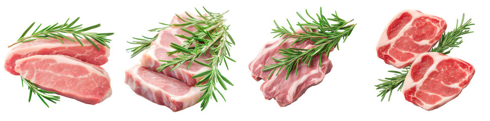 Freshly Cut Meat Selection: A vibrant assortment of raw pork cuts, each expertly prepared and adorned with fresh rosemary, showcases culinary potential and appetizing appeal.