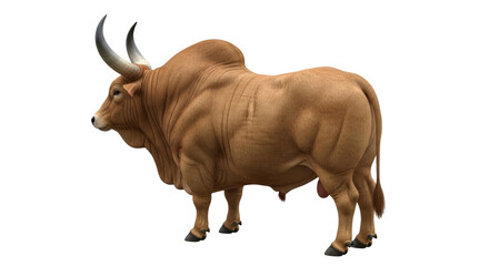 Isolated light brown Brahman bull, muscular powerful animal, large horned farm cattle species