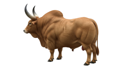 Isolated light brown Brahman bull, muscular powerful animal, large horned farm cattle species