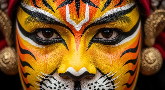 Close-up of Puli Kali tiger face paint during Onam