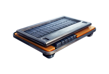 Futuristic device with metallic finish and button array for advanced technology interface