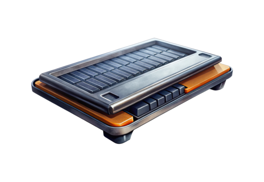 Futuristic device with metallic finish and button array for advanced technology interface