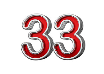 Vibrant Red Number Thirty three 33 With Metallic Gleam And Beveled Edges, 3D Illustration