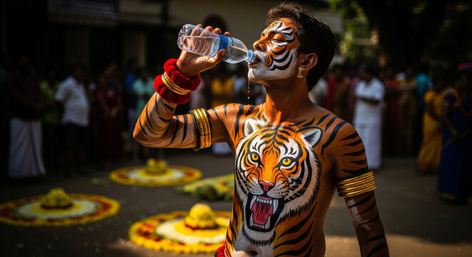 Puli Kali dancer drinking water during Onam street performance